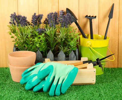 The image displays a well-organized garden corner featuring three rows of purple flowering lavender plants arranged in a black container with a natural wooden finish, situated against a wooden fence background. In the foreground, there are two empty terracotta plant pots placed on a vibrant green artificial grass surface. To the right, a yellow plastic bucket contains various garden hand tools, including a trowel, a cultivator, and a pruning shear. A pair of light blue gardening gloves rests on a small wooden storage box beside the pots. The scene illustrates an outdoor gardening area prepared for maintenance or planting work, with clear natural lighting suggesting a bright day and conducive conditions for gardening activities, aligning with services offered by Gardener Hainault in the local Hainault area of the Essex region, ideal for landscaping and garden upkeep.